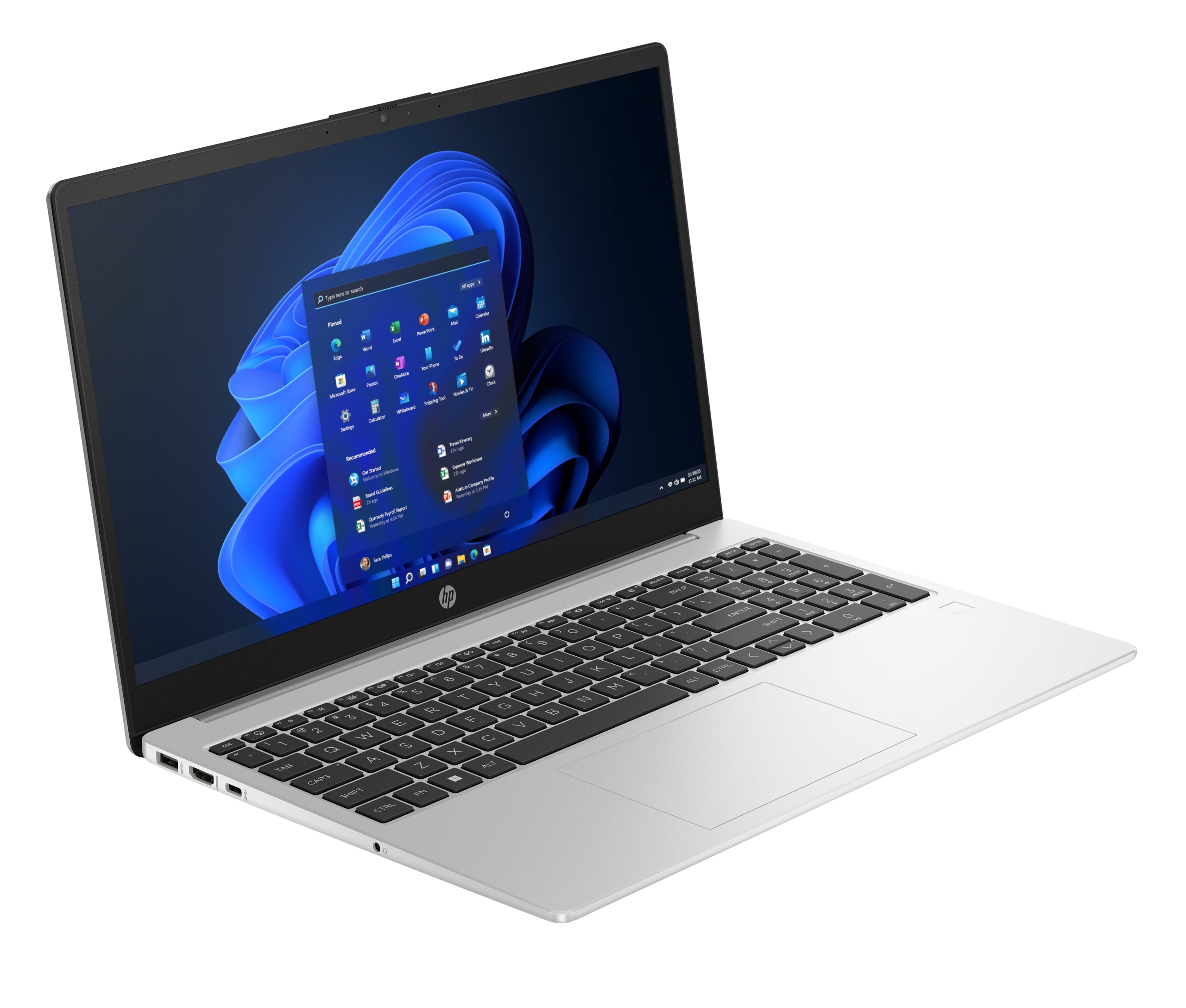 HP 250 G10 – srebrno-czarny laptop widoczny pod kątem